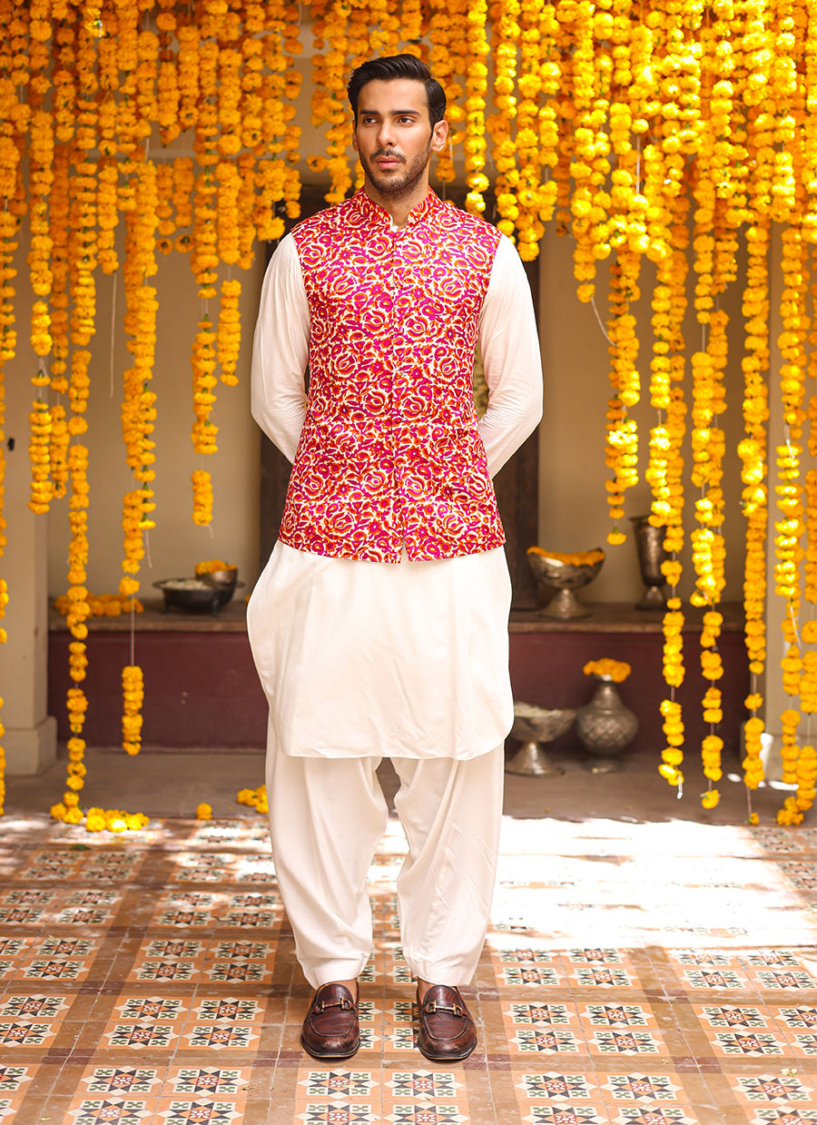 Ivory Hand-Blocked Raw Silk Waistcoat (3-Piece) - Image 1