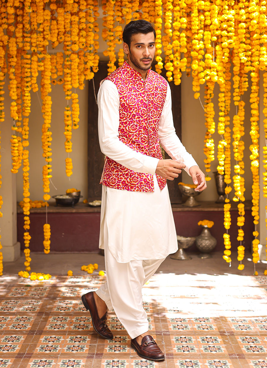 Ivory Hand-Blocked Raw Silk Waistcoat (3-Piece) - Image 2