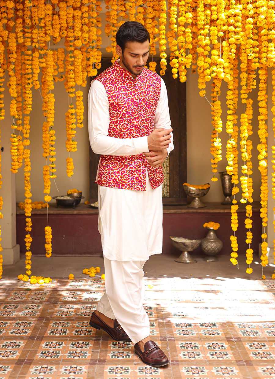 Ivory Hand-Blocked Raw Silk Waistcoat (3-Piece) - Image 3