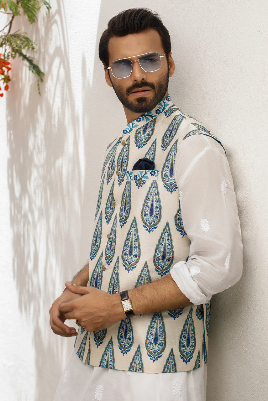 Ivory Blue Digital-Print Raw Silk Waistcoat (3-Piece) - Image 3