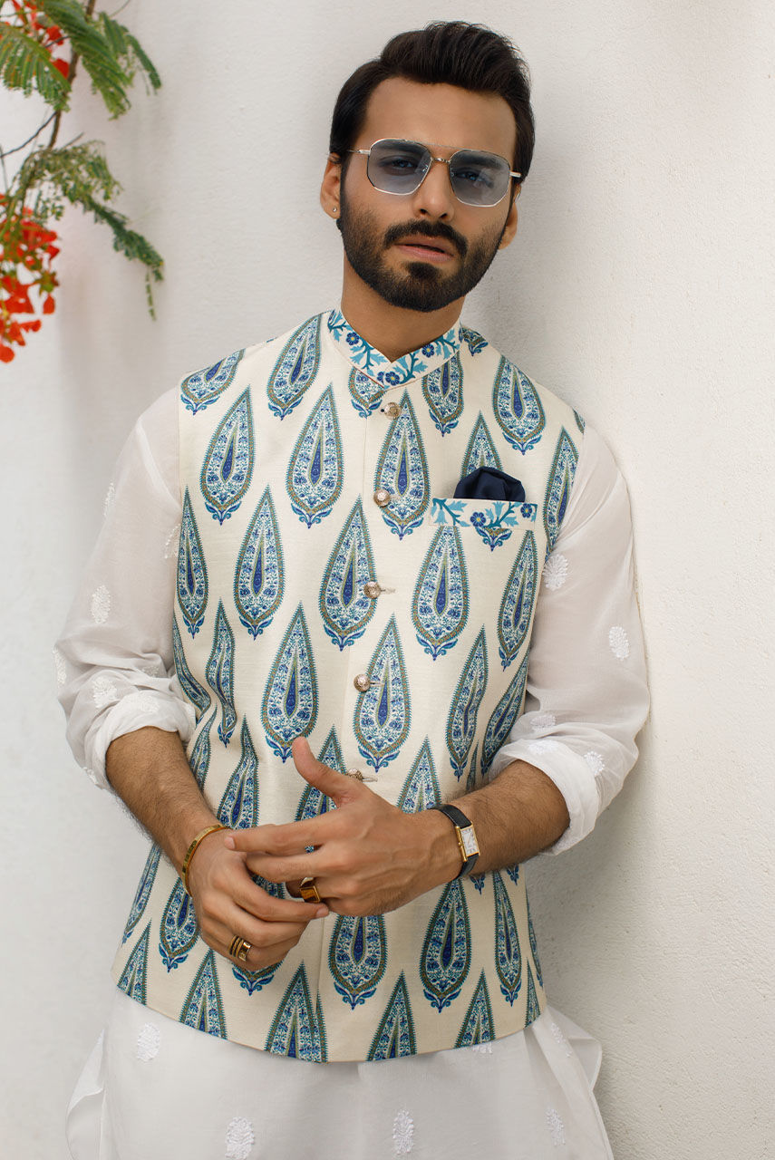 Ivory Blue Digital-Print Raw Silk Waistcoat (3-Piece) - Image 7