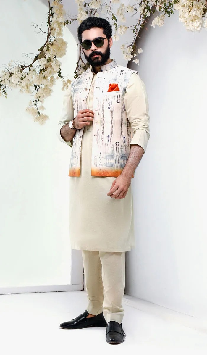 Ivory Digital Print Self-Fabric Waistcoat Kurta (3-Piece) - Image 1