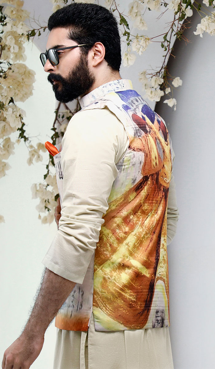 Ivory Digital Print Self-Fabric Waistcoat Kurta (3-Piece) - Image 2