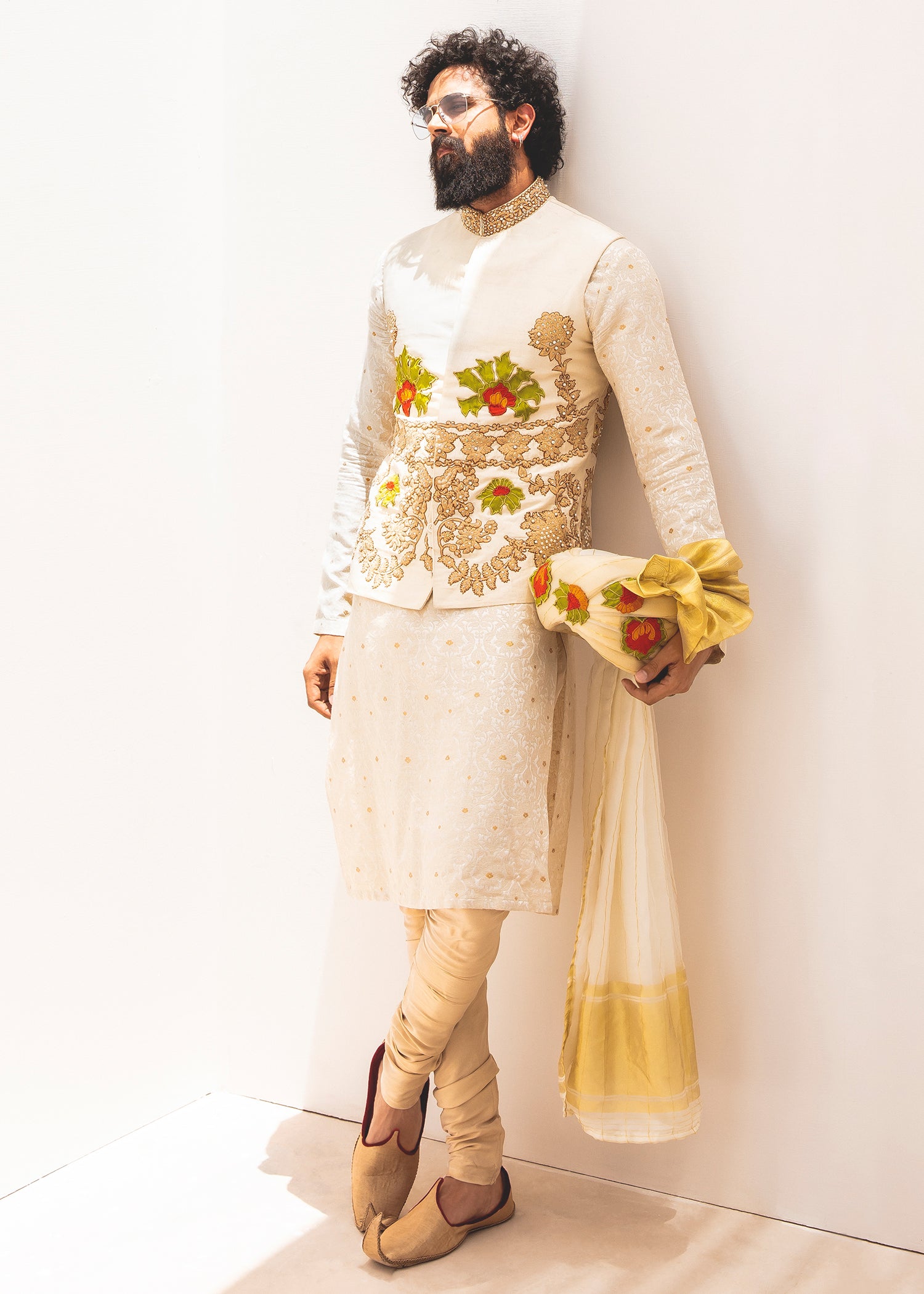 Ivory Embroidered Silk-Blend Waistcoat Kurta (3-Piece) - Image 1