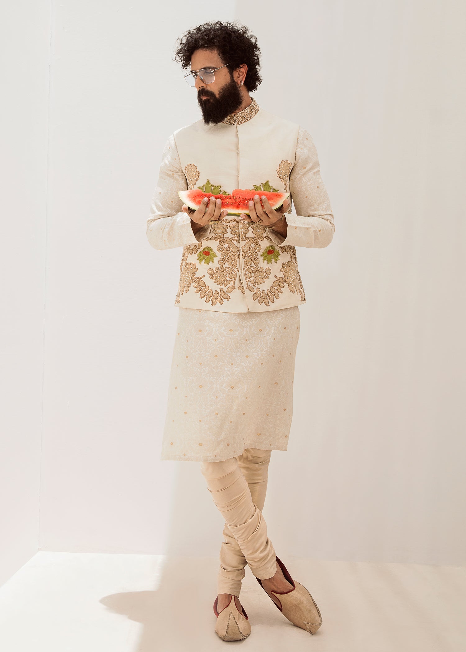 Ivory Embroidered Silk-Blend Waistcoat Kurta (3-Piece) - Image 2