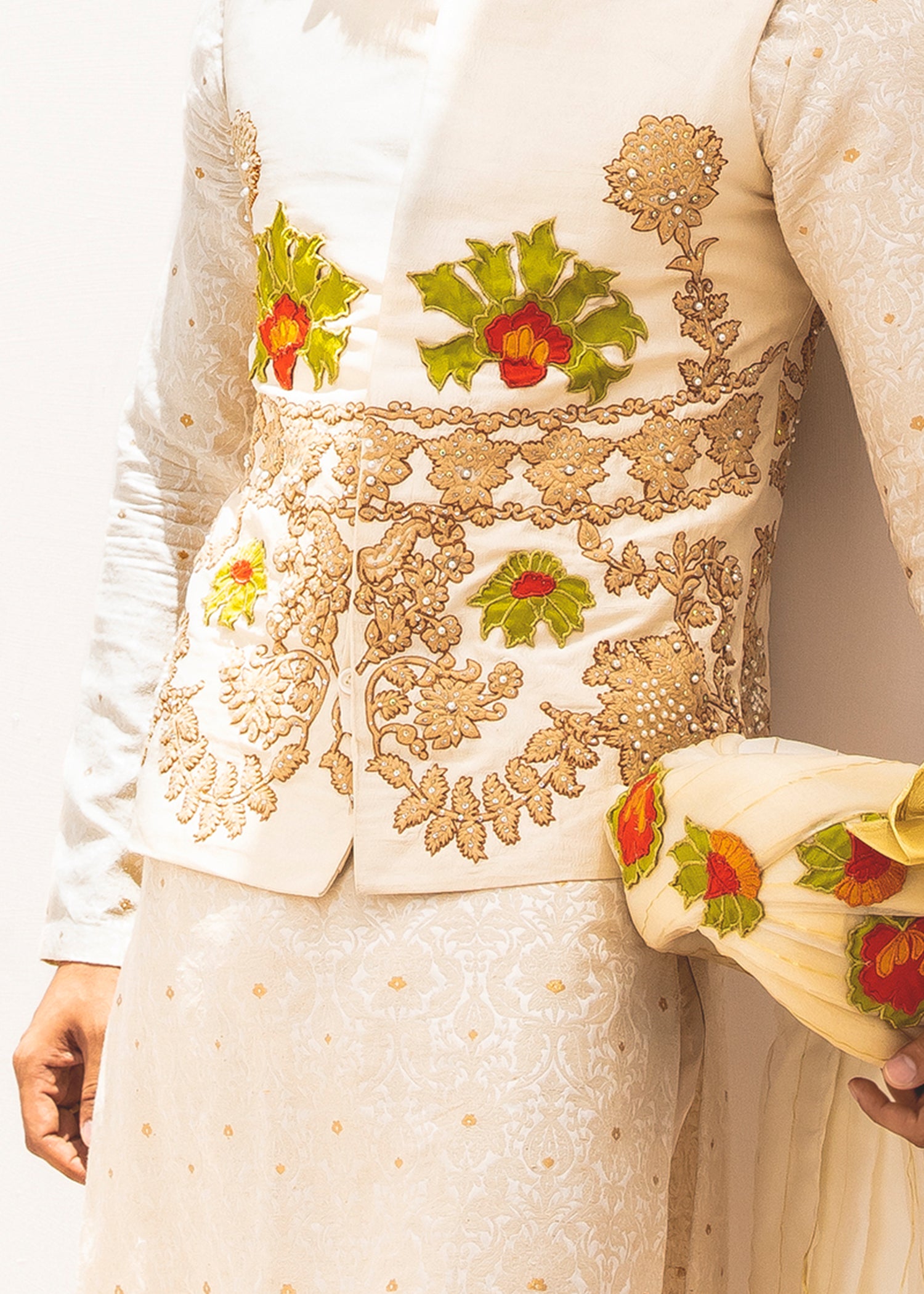 Ivory Embroidered Silk-Blend Waistcoat Kurta (3-Piece) - Image 4