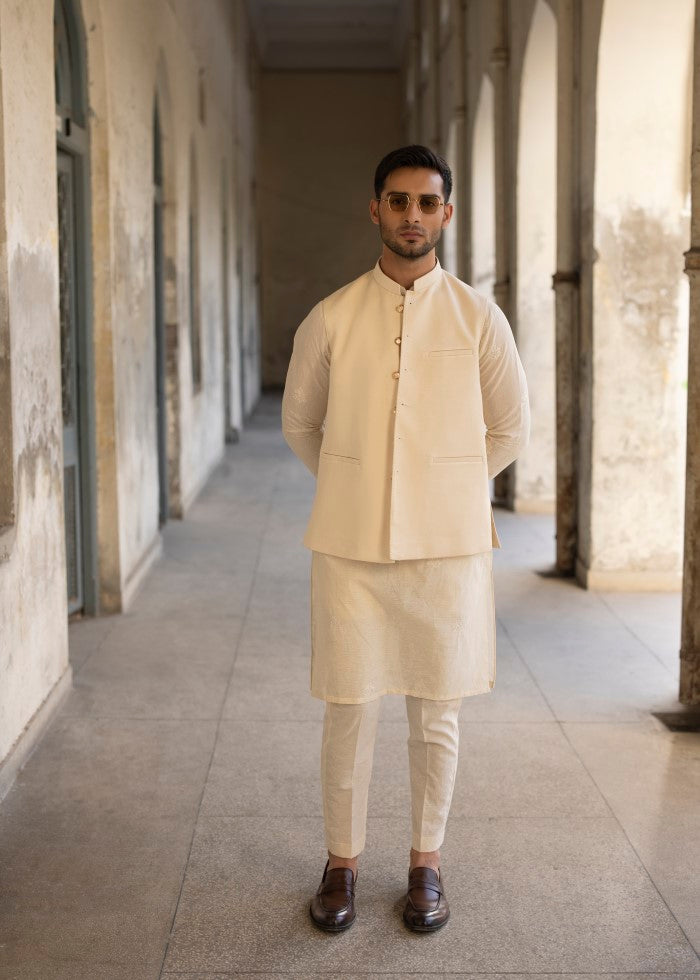Ivory Suiting Fabric Waistcoat Kurta Set (3-Piece) - Image 1