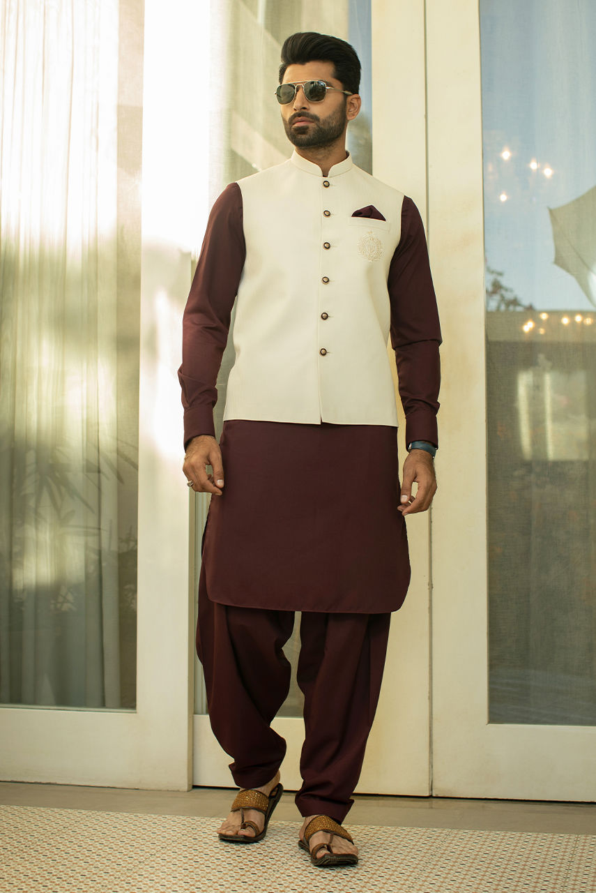 Off-White Embroidered Suiting Waistcoat Kurta (3-Piece) - Image 1