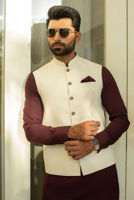 Off-White Embroidered Suiting Waistcoat Kurta (3-Piece) - Image 3