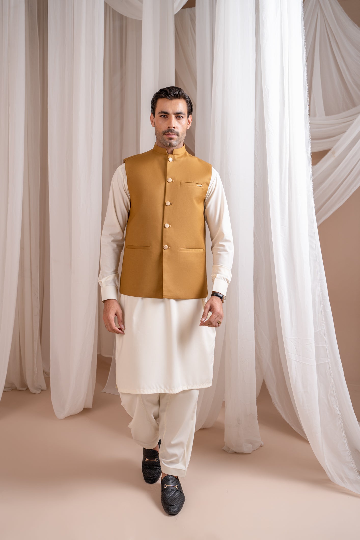 Off-White Blended Kurta Shalwar with Camel Waistcoat (3-Piece) - Image 1
