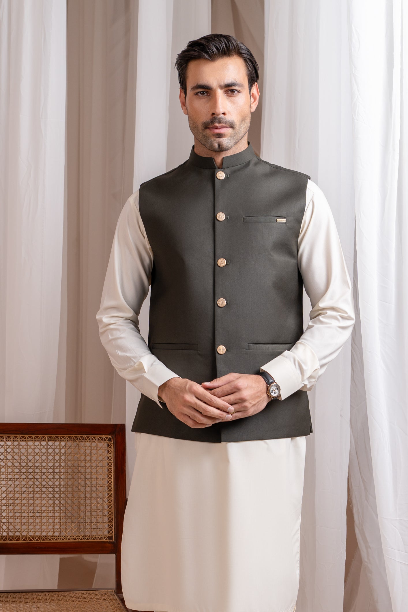 Off-White Blended Kurta Shalwar with Army Green Waistcoat (3-Piece) - Image 2