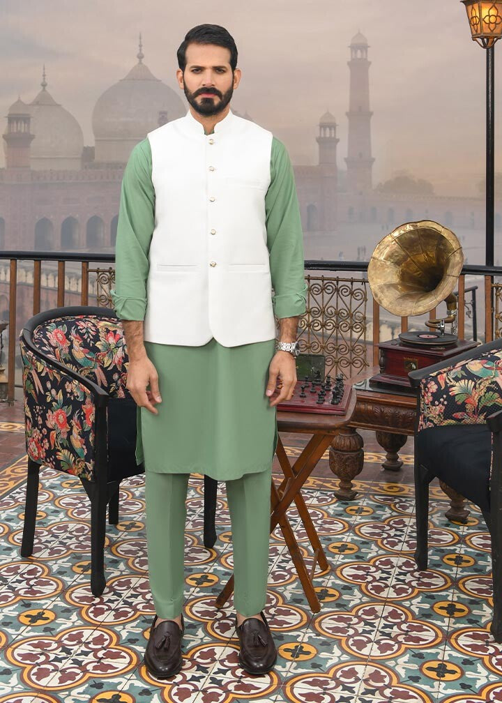 Off-White Waistcoat with Pistachio Green Kurta (3-Piece) - Image 1