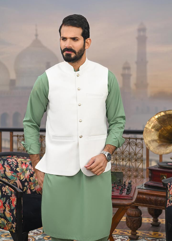 Off-White Waistcoat with Pistachio Green Kurta (3-Piece) - Image 2