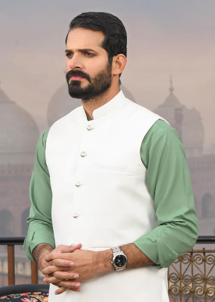 Off-White Waistcoat with Pistachio Green Kurta (3-Piece) - Image 3