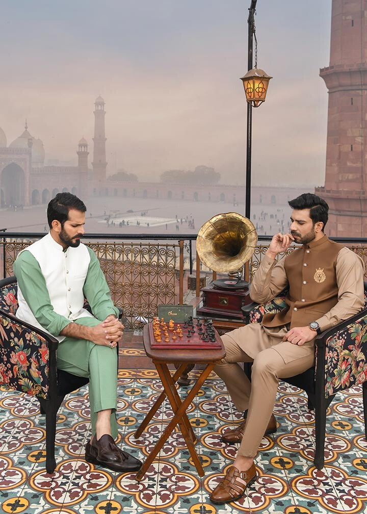 Off-White Waistcoat with Pistachio Green Kurta (3-Piece) - Image 4