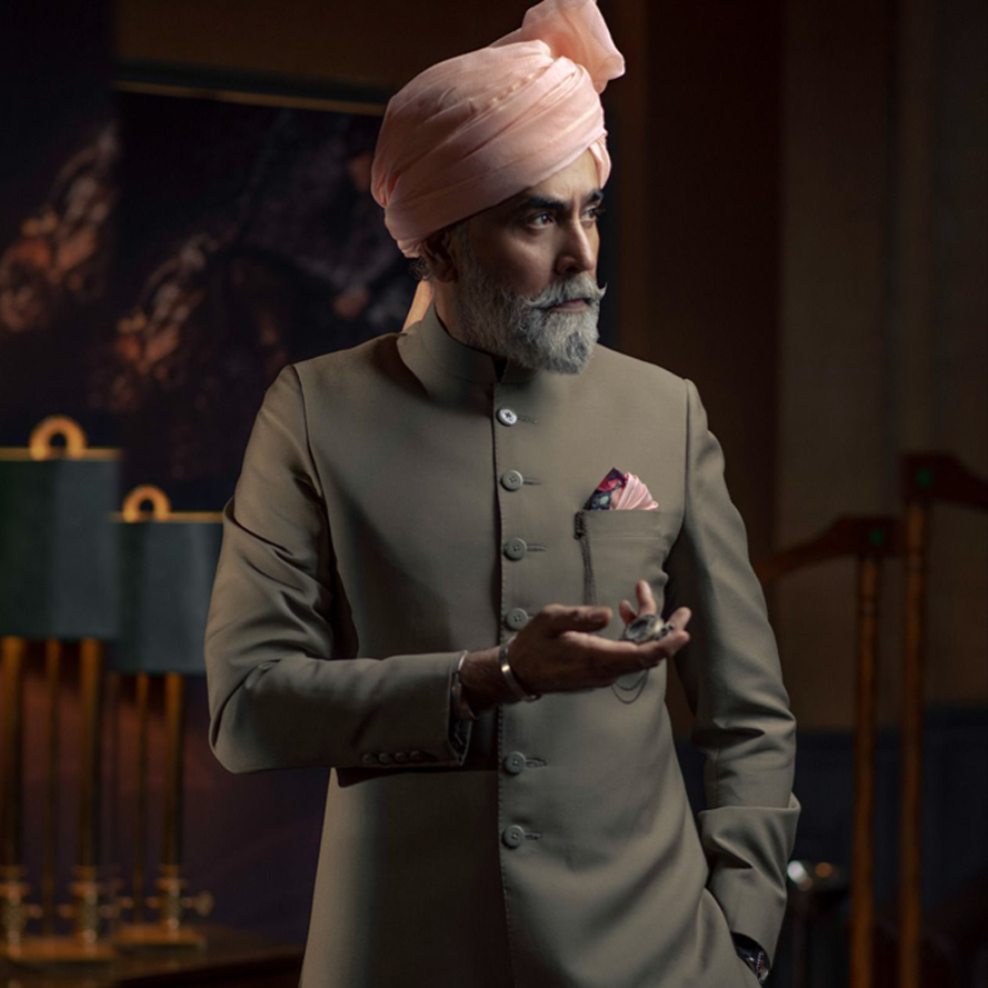 Khaki Minimalist Silk-Blend Achkan Sherwani (3-Piece) - Image 2