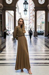 Pakistani Khaki Embellished Chiffon Gown with Jacket (2-Piece) - Image 3