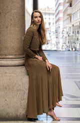 Pakistani Khaki Embellished Chiffon Gown with Jacket (2-Piece) - Image 6