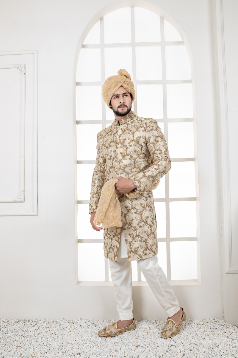 Khaki Embroidered Silk-Blend Sherwani (3-Piece) - Image 1