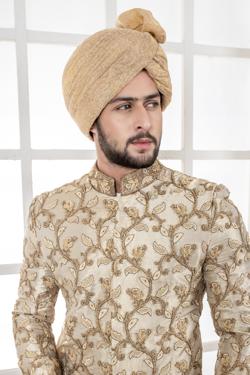 Khaki Embroidered Silk-Blend Sherwani (3-Piece) - Image 2