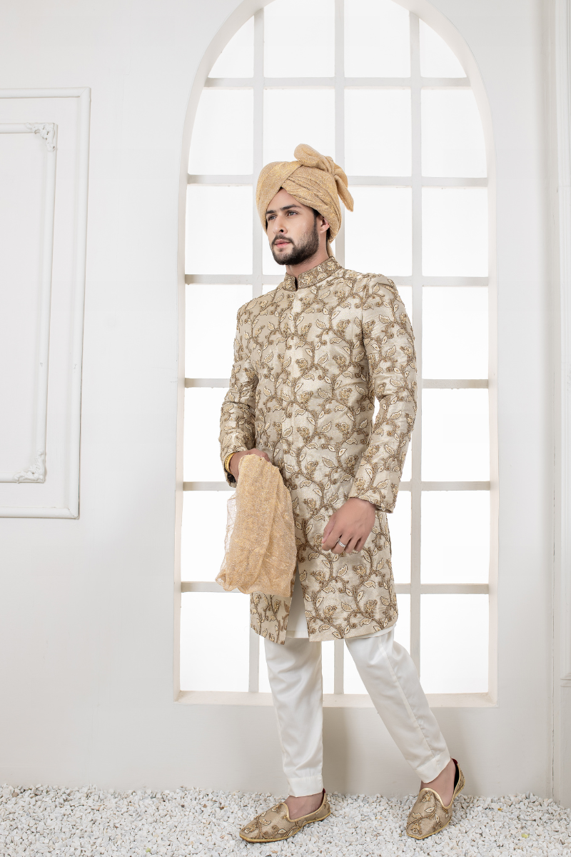 Khaki Embroidered Silk-Blend Sherwani (3-Piece) - Image 3