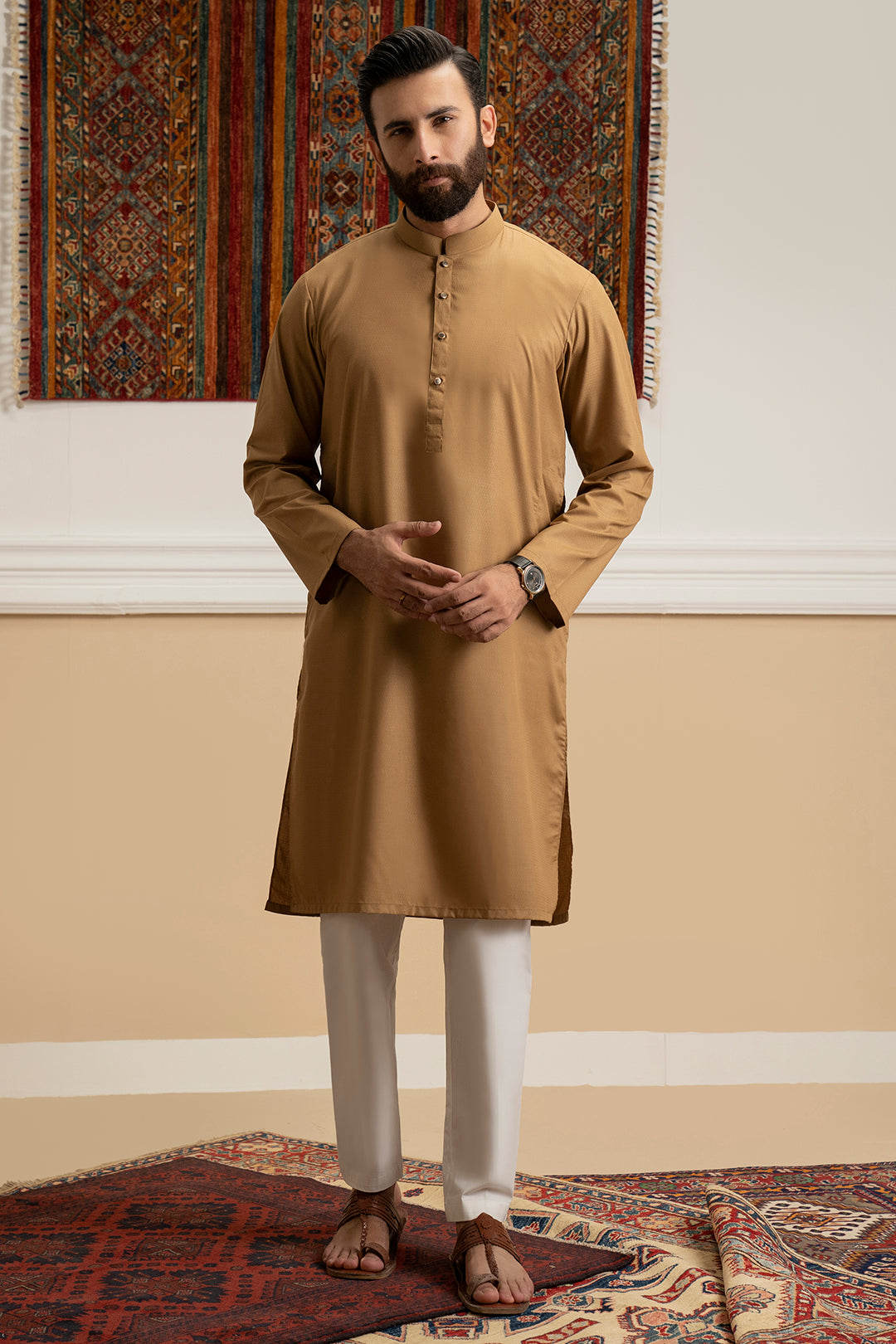 Khaki Wash & Wear Cotton Blend Kurta (2-Piece) - Image 2