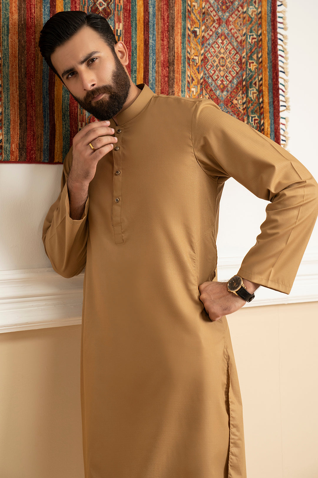 Khaki Wash & Wear Cotton Blend Kurta (2-Piece) - Image 3