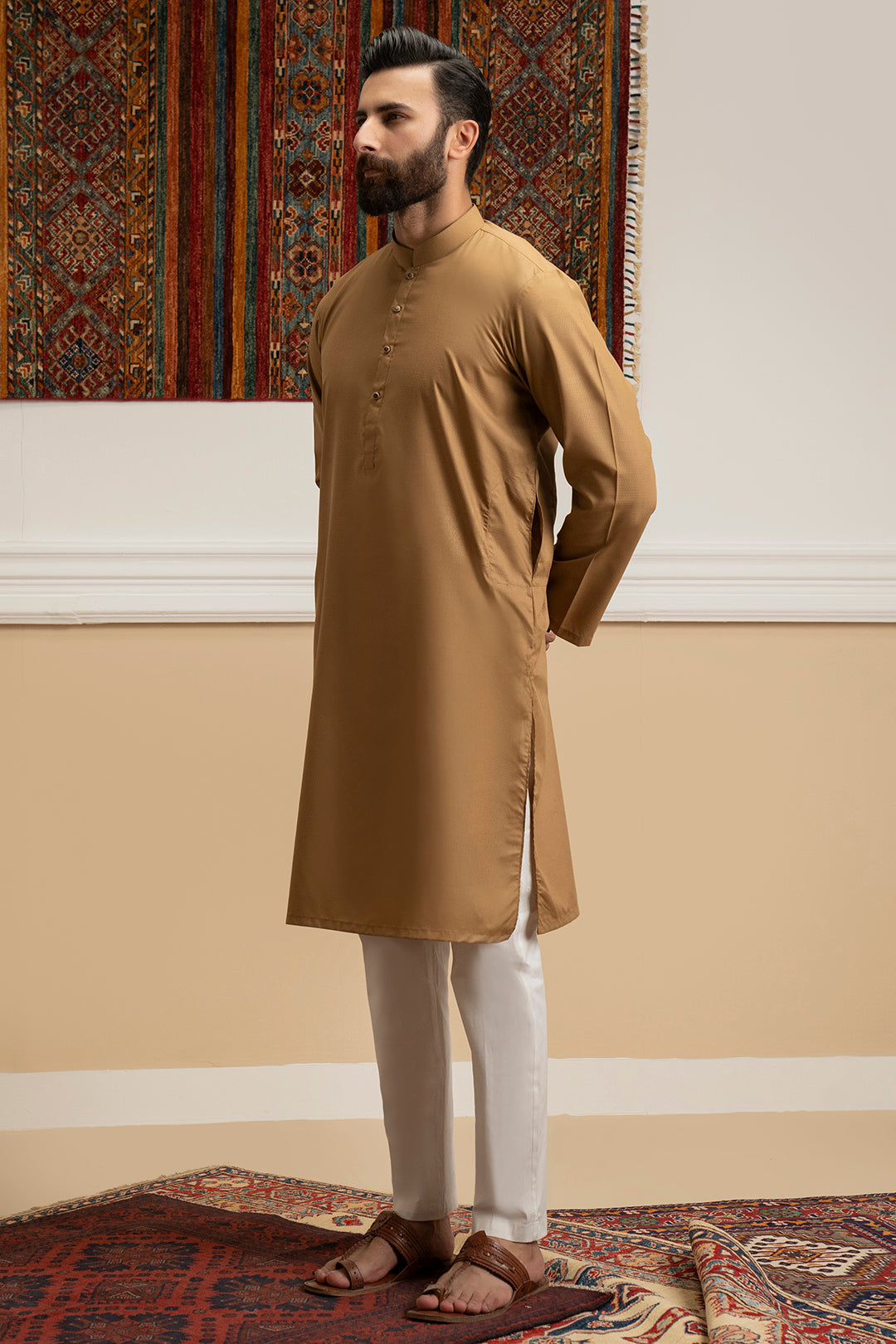 Khaki Wash & Wear Cotton Blend Kurta (2-Piece) - Image 4