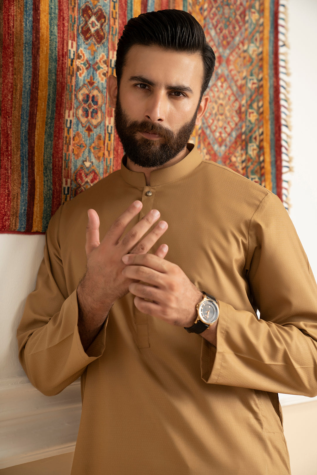 Khaki Wash & Wear Cotton Blend Kurta (2-Piece) - Image 6