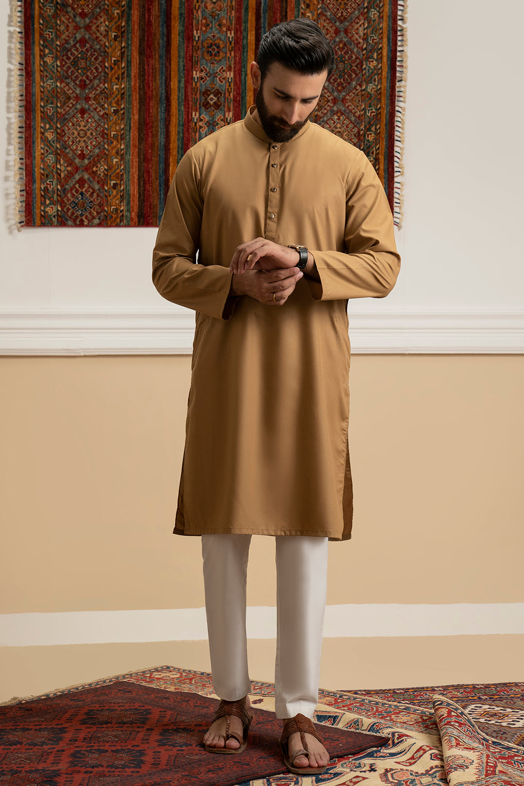 Khaki Wash & Wear Cotton Blend Kurta (2-Piece) - Image 7
