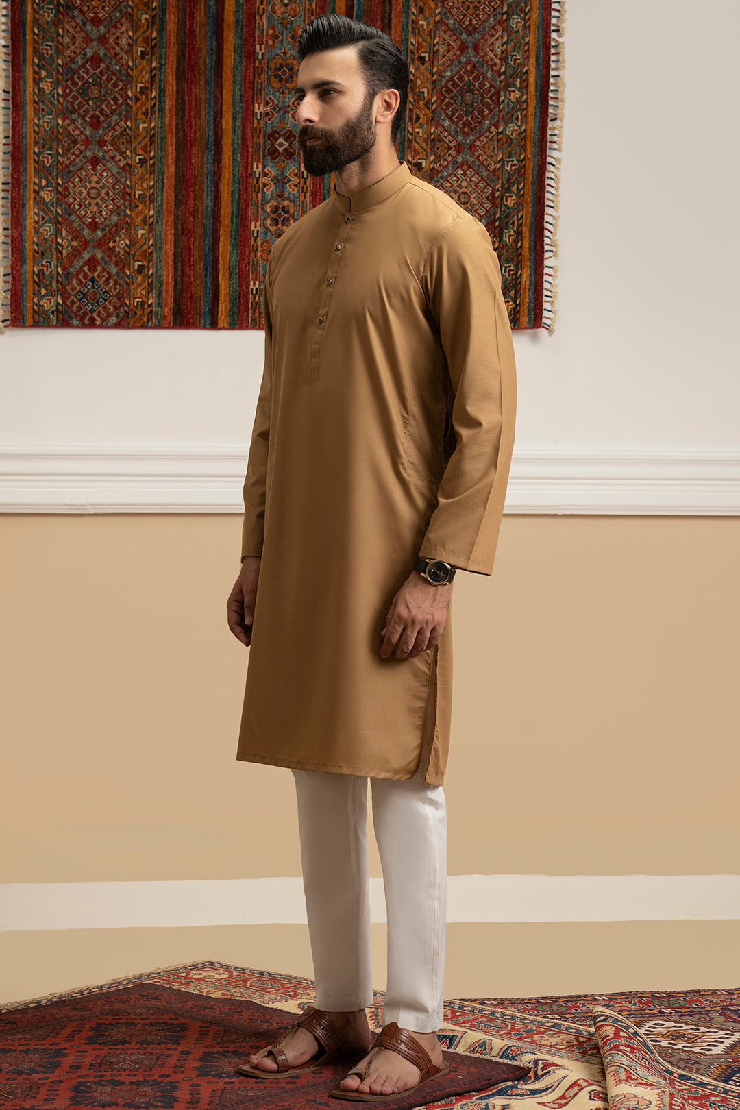 Khaki Wash & Wear Cotton Blend Kurta (2-Piece) - Image 9