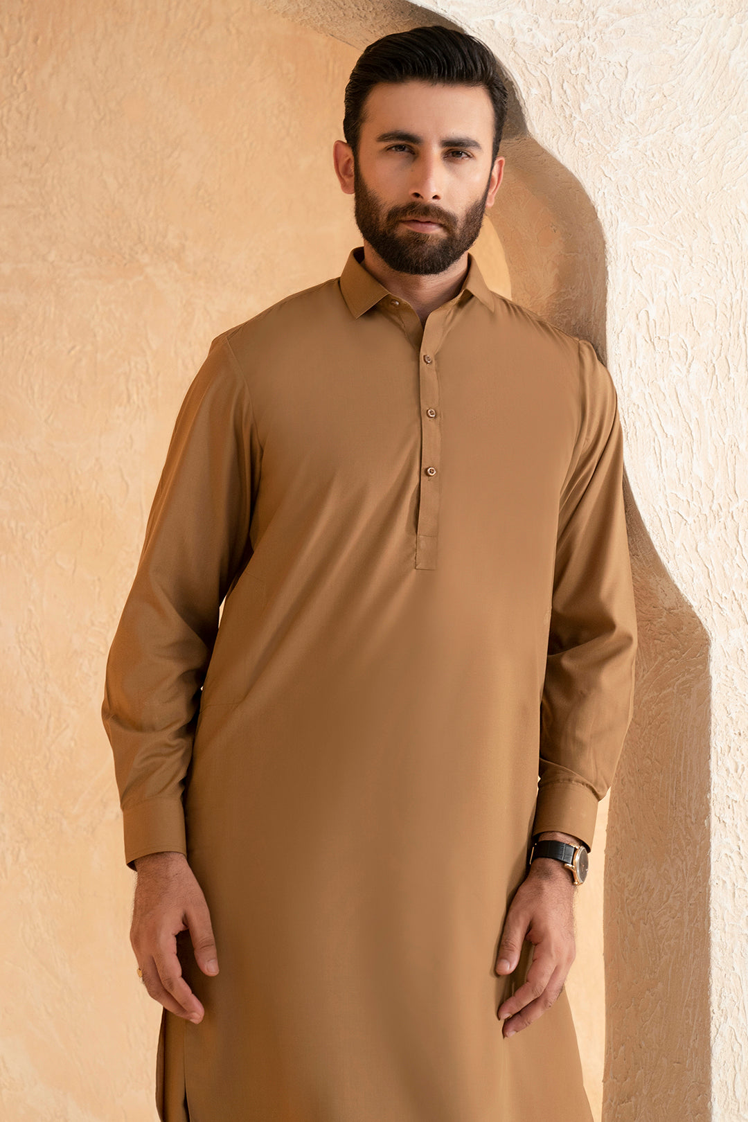 Khaki Blended Fabric Shalwar Kameez (2-Piece) - Image 1