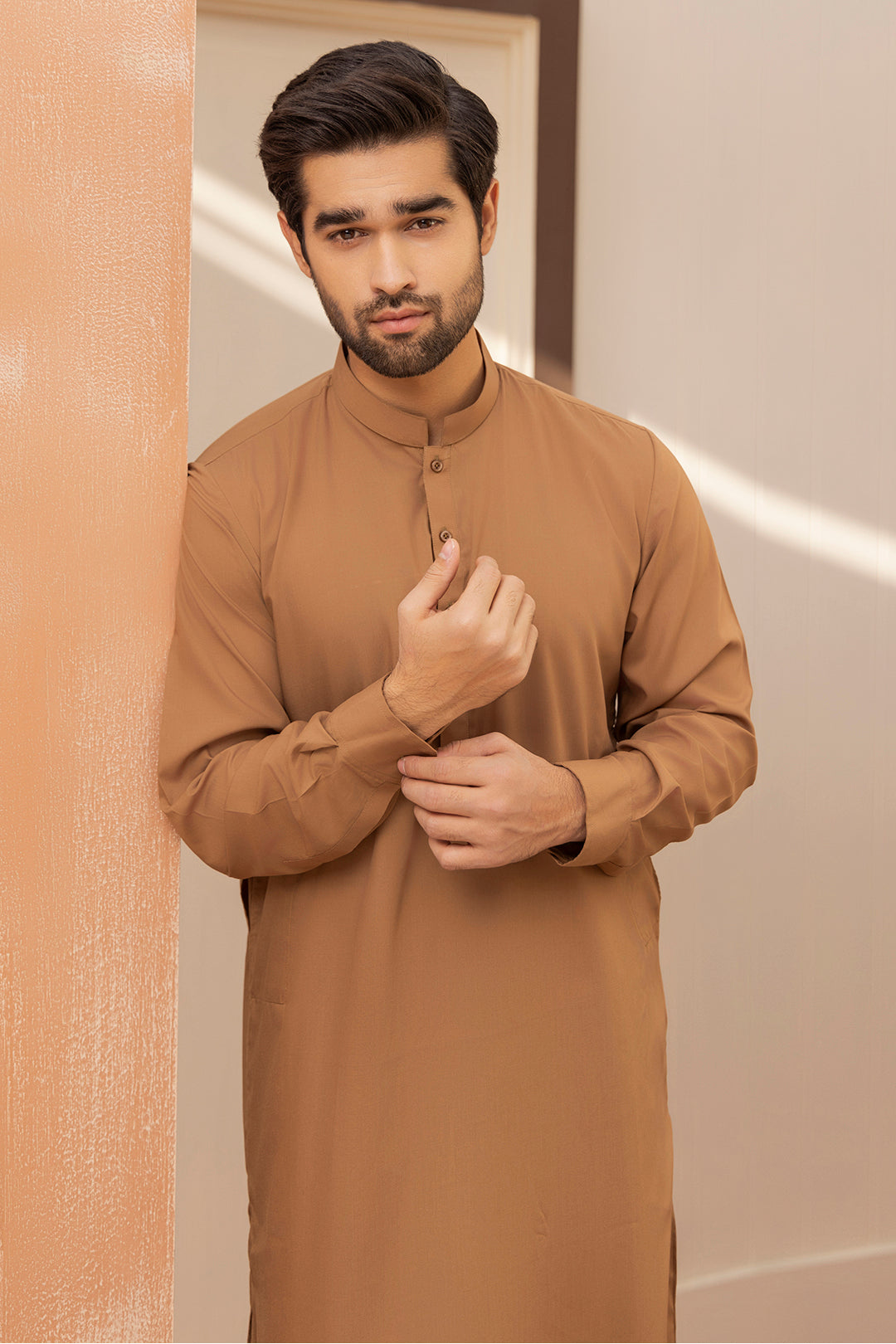 Khaki Blended Fabric Shalwar Kameez (2-Piece) - Image 1