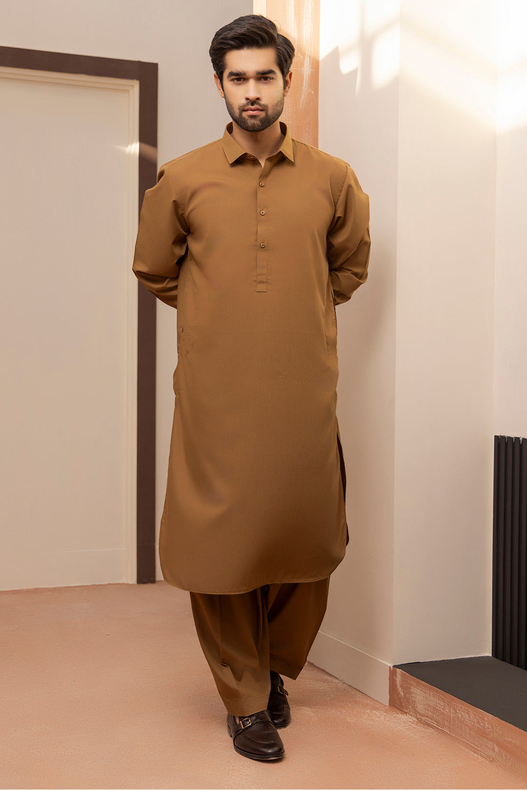 Khaki Blended Fabric Shalwar Kameez (2-Piece) - Image 2