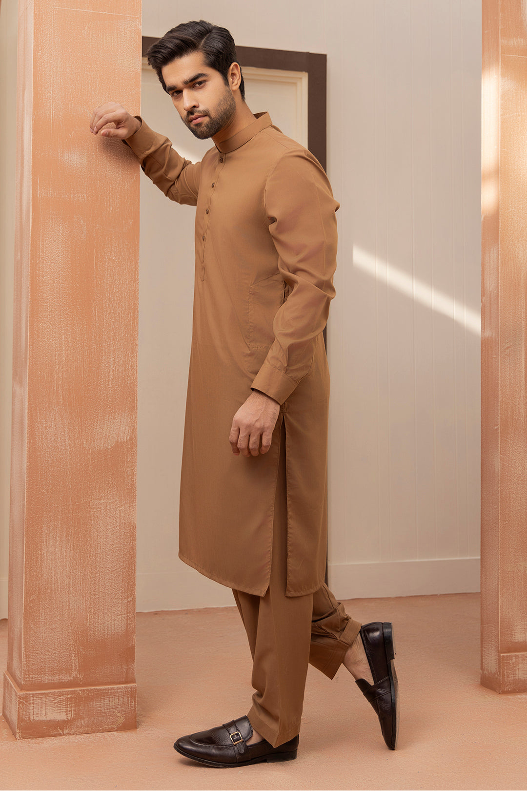 Khaki Blended Fabric Shalwar Kameez (2-Piece) - Image 3