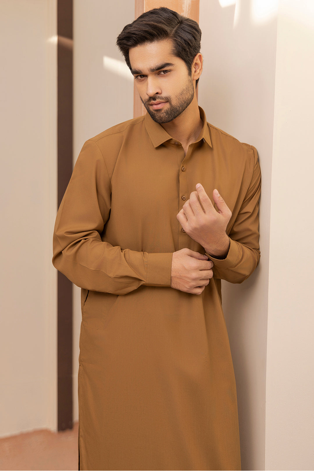 Khaki Blended Fabric Shalwar Kameez (2-Piece) - Image 5