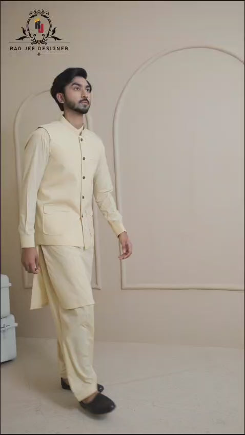 Light Khaki Premium Cotton Blend Waistcoat Kurta (3-Piece) - Image 2