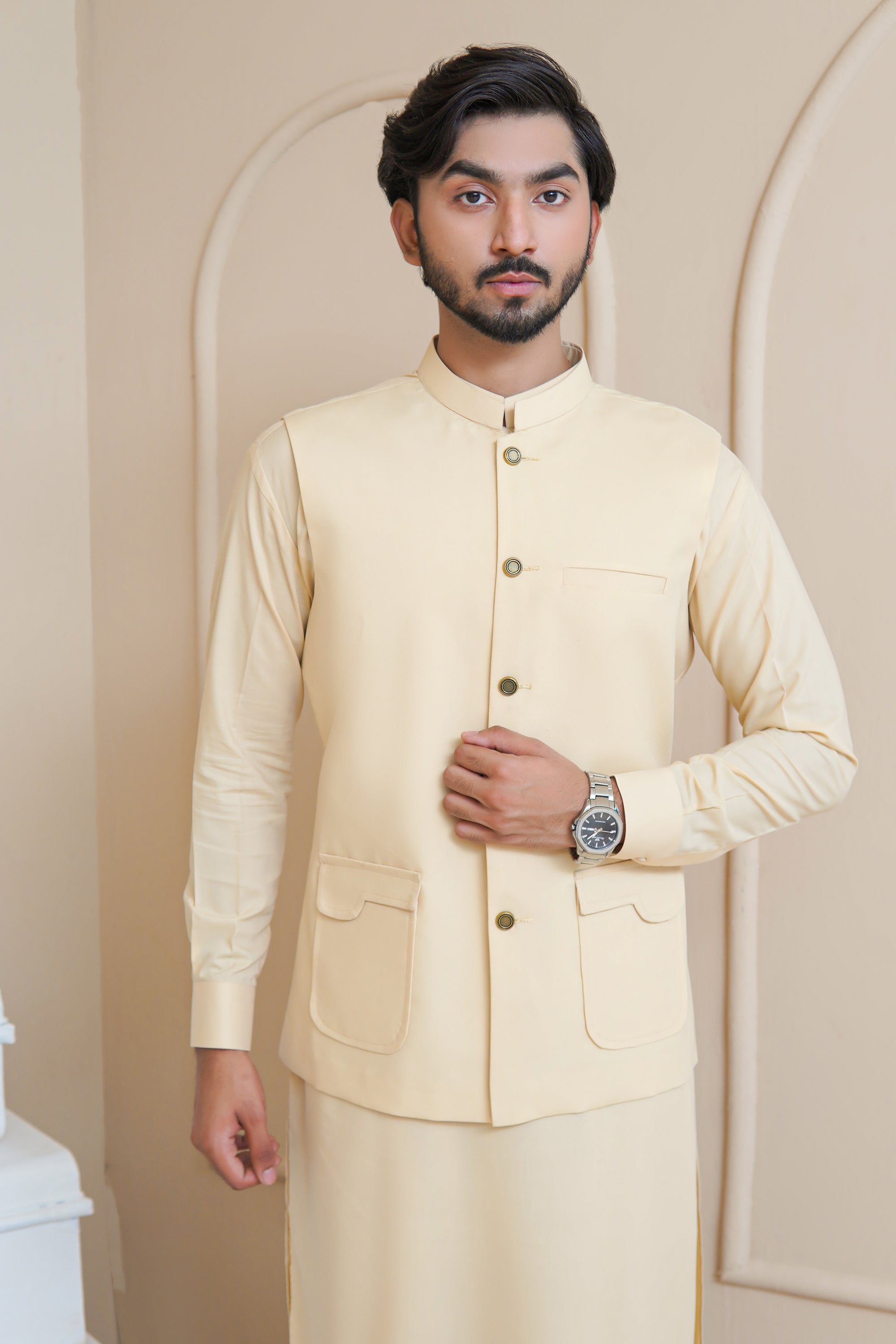 Light Khaki Premium Cotton Blend Waistcoat Kurta (3-Piece) - Image 3