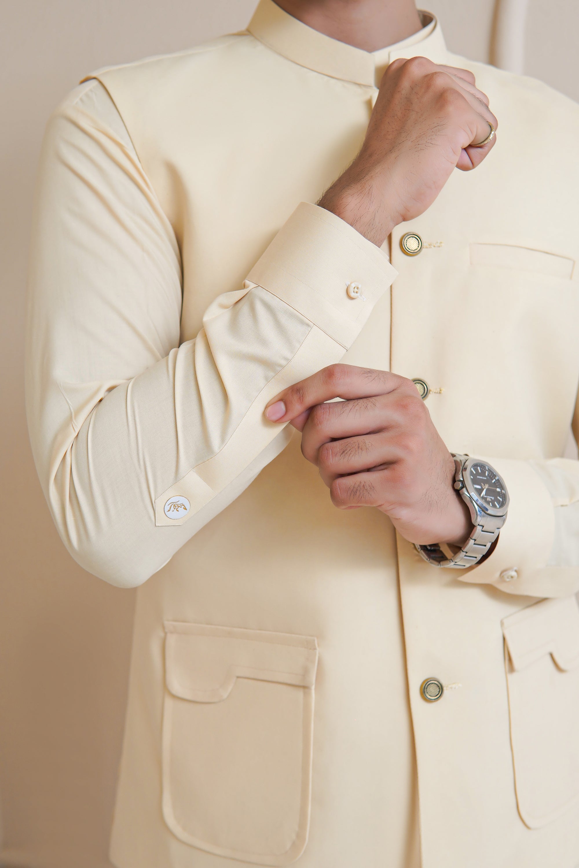 Light Khaki Premium Cotton Blend Waistcoat Kurta (3-Piece) - Image 4