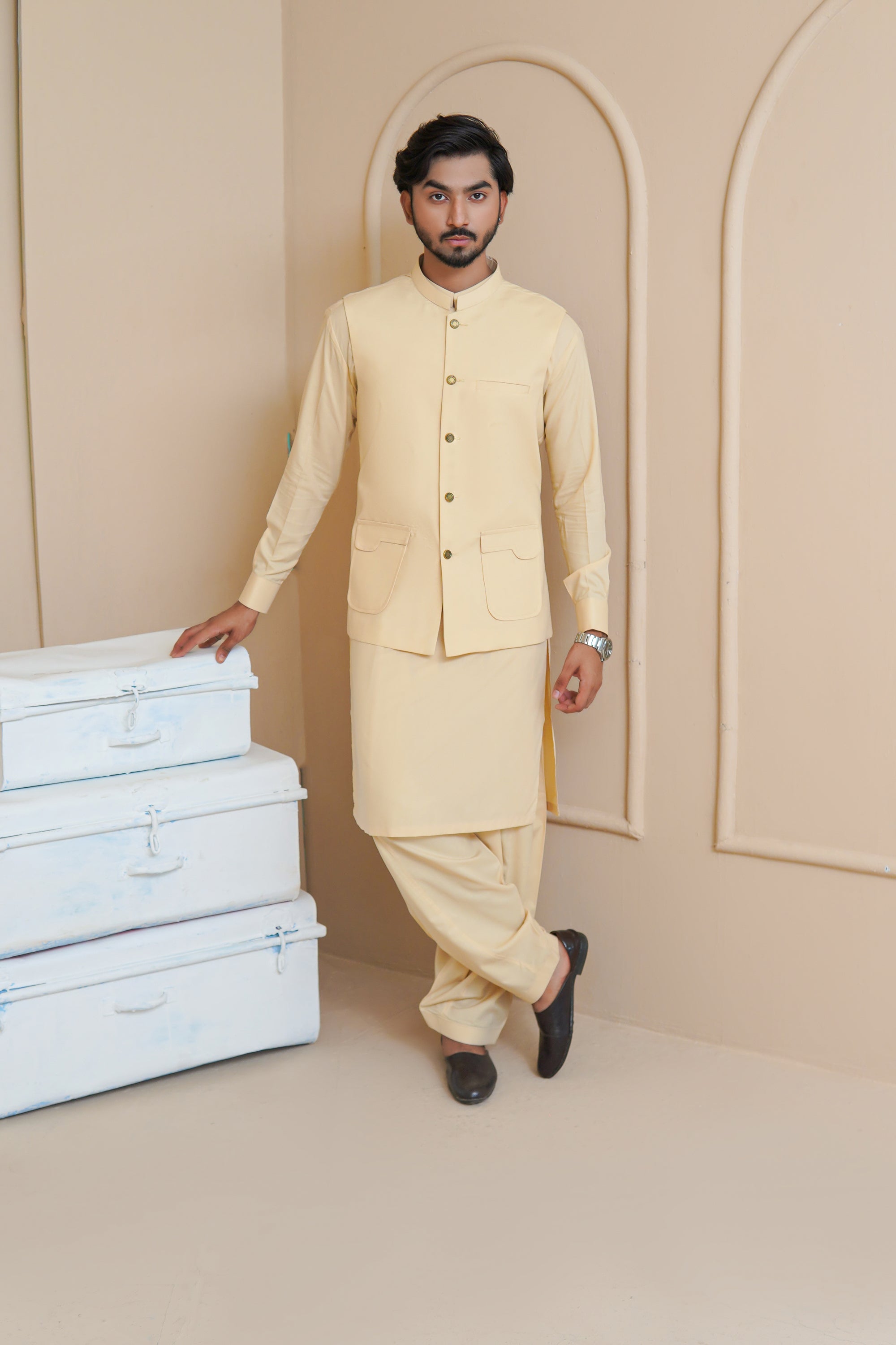 Light Khaki Premium Cotton Blend Waistcoat Kurta (3-Piece) - Image 6