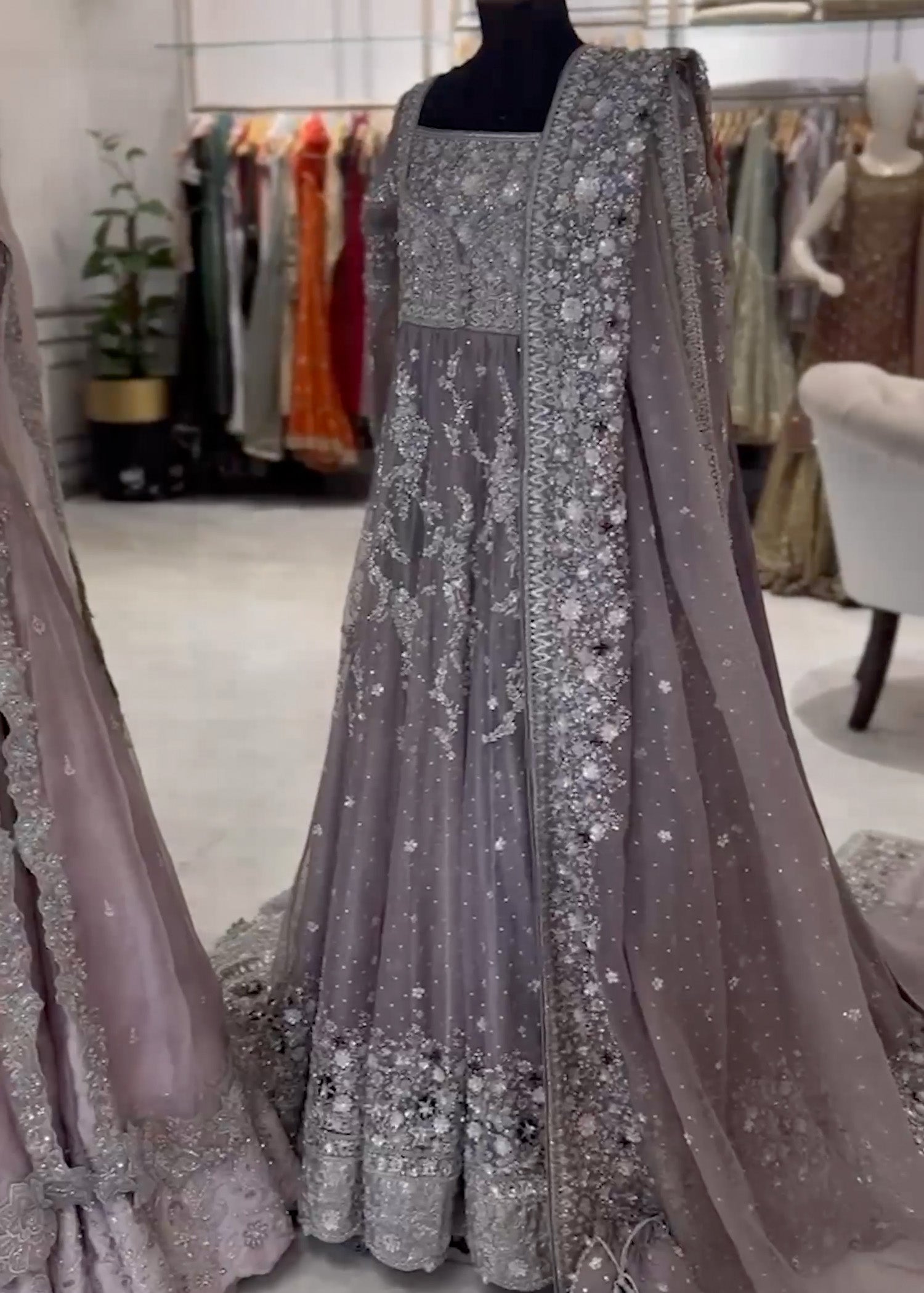 Lavender Grey Embellished Net Silk Bridal Gown (2-Piece) - Image 2