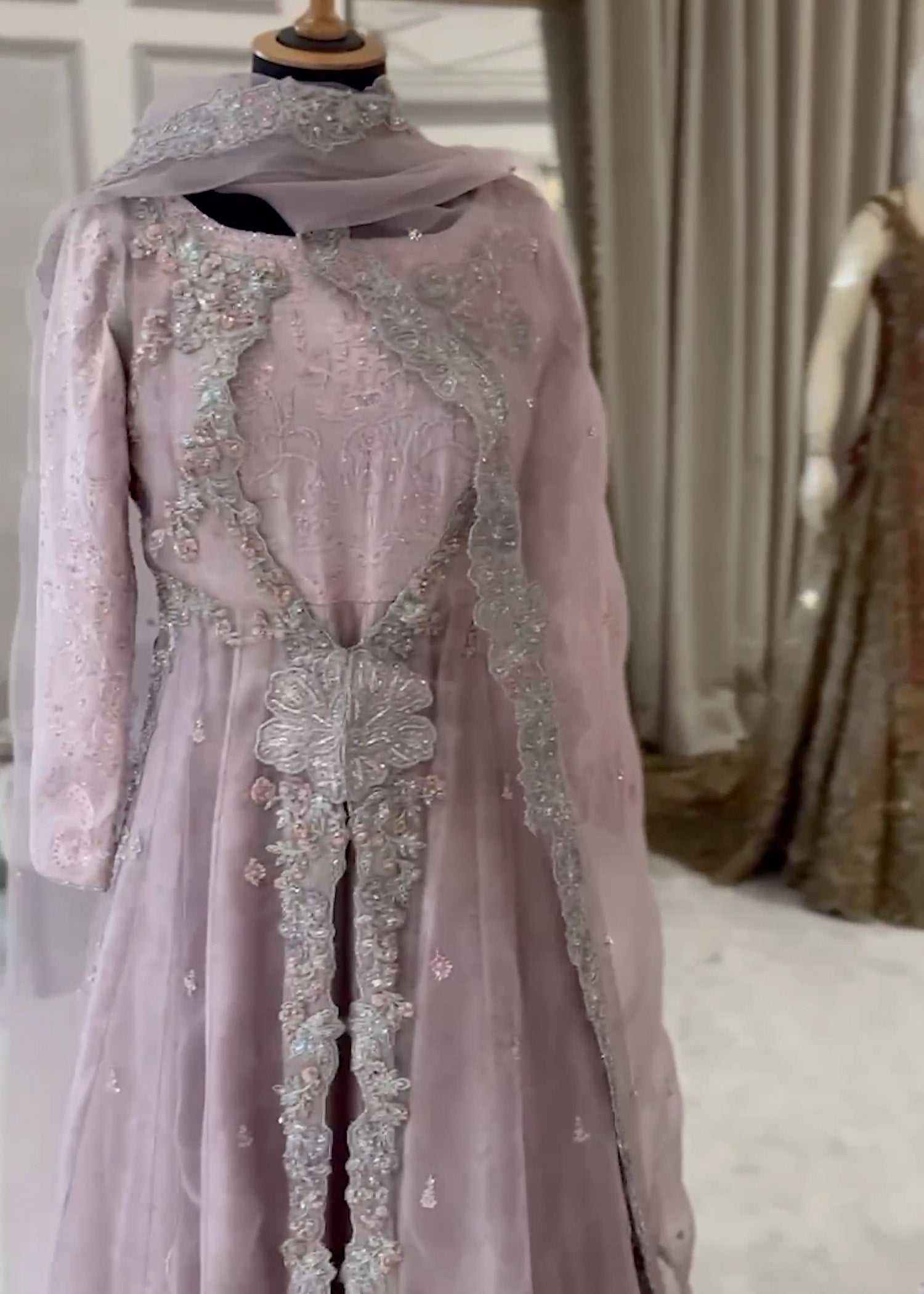 Lavender Grey Embellished Net Silk Bridal Gown (2-Piece) - Image 3