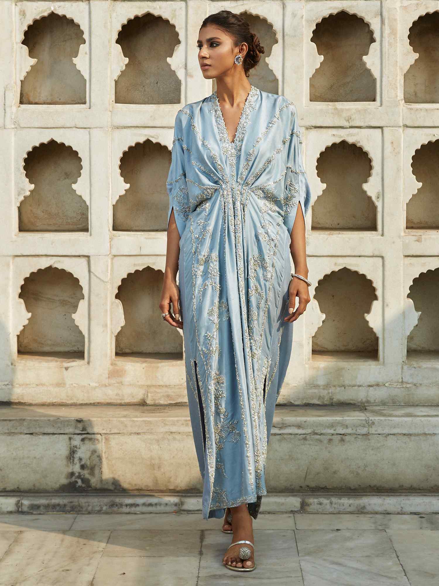 Lavender Blue Embellished Raw Silk Kaftan (1-Pc) - Image 1