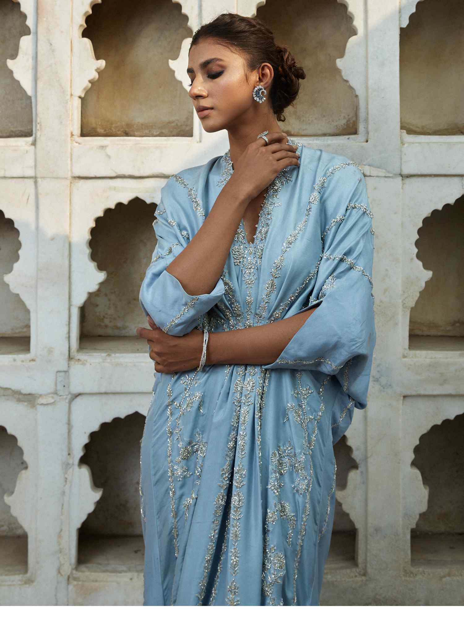 Lavender Blue Embellished Raw Silk Kaftan (1-Pc) - Image 2