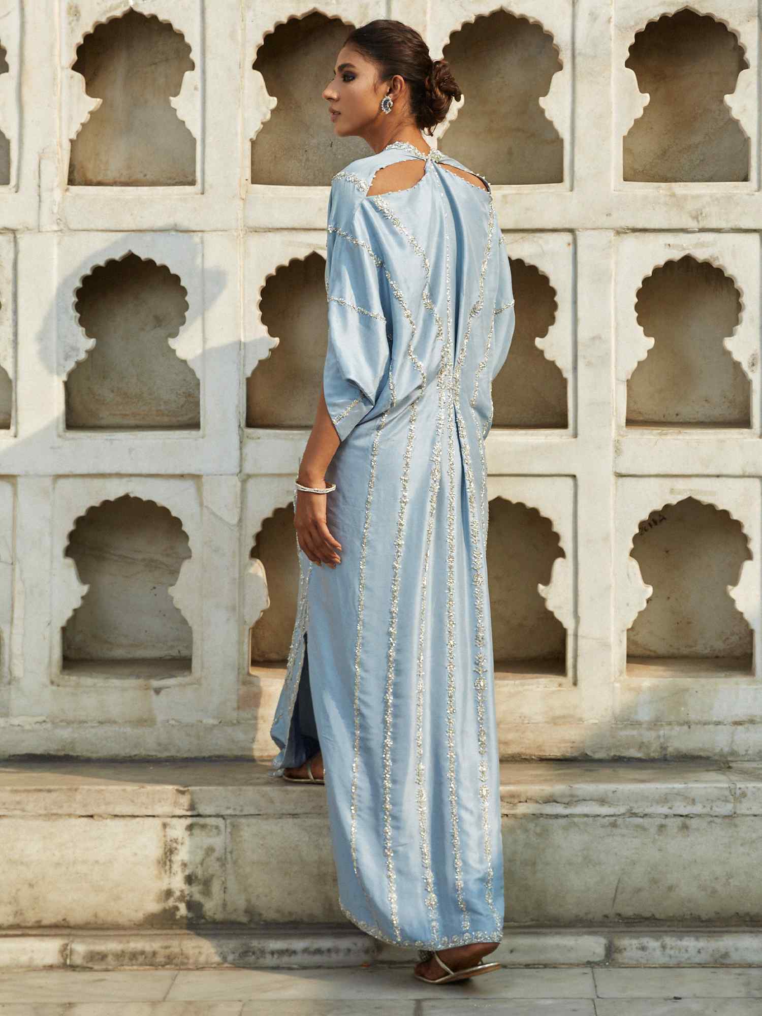 Lavender Blue Embellished Raw Silk Kaftan (1-Pc) - Image 3