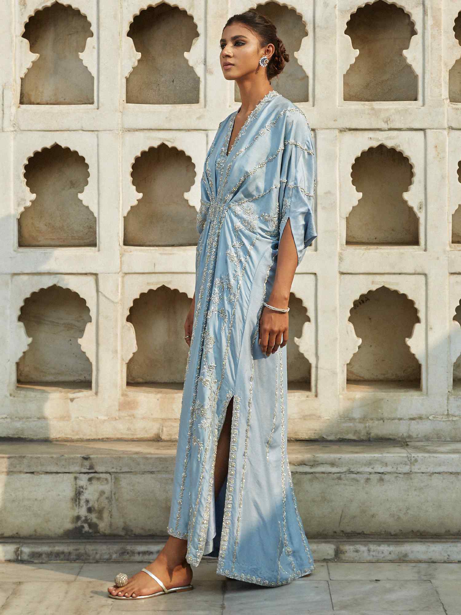 Lavender Blue Embellished Raw Silk Kaftan (1-Pc) - Image 4