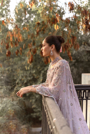 Pakistani Periwinkle Lavender Zardozi Net Pishwas (3-Piece) - Image 5