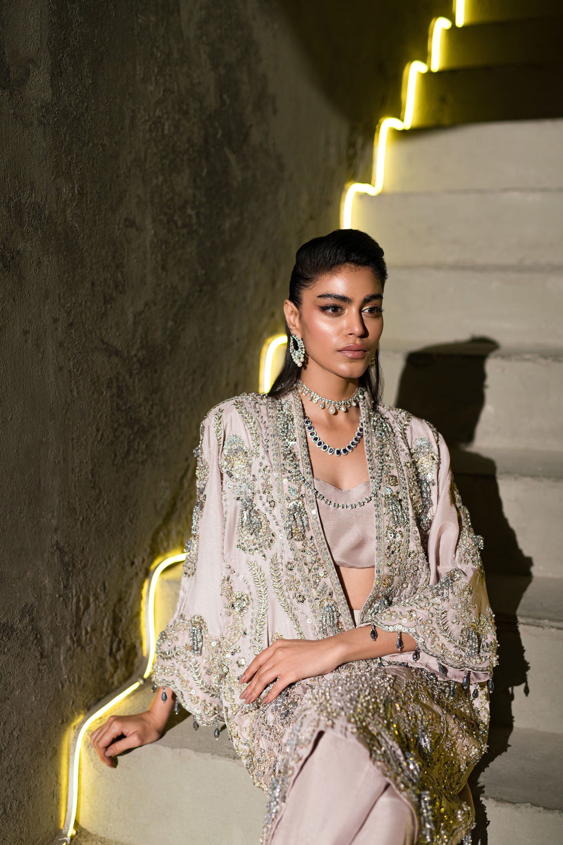 Lavender Embroidered Blended Raw Silk Tunic Set (3-Piece) - Image 3