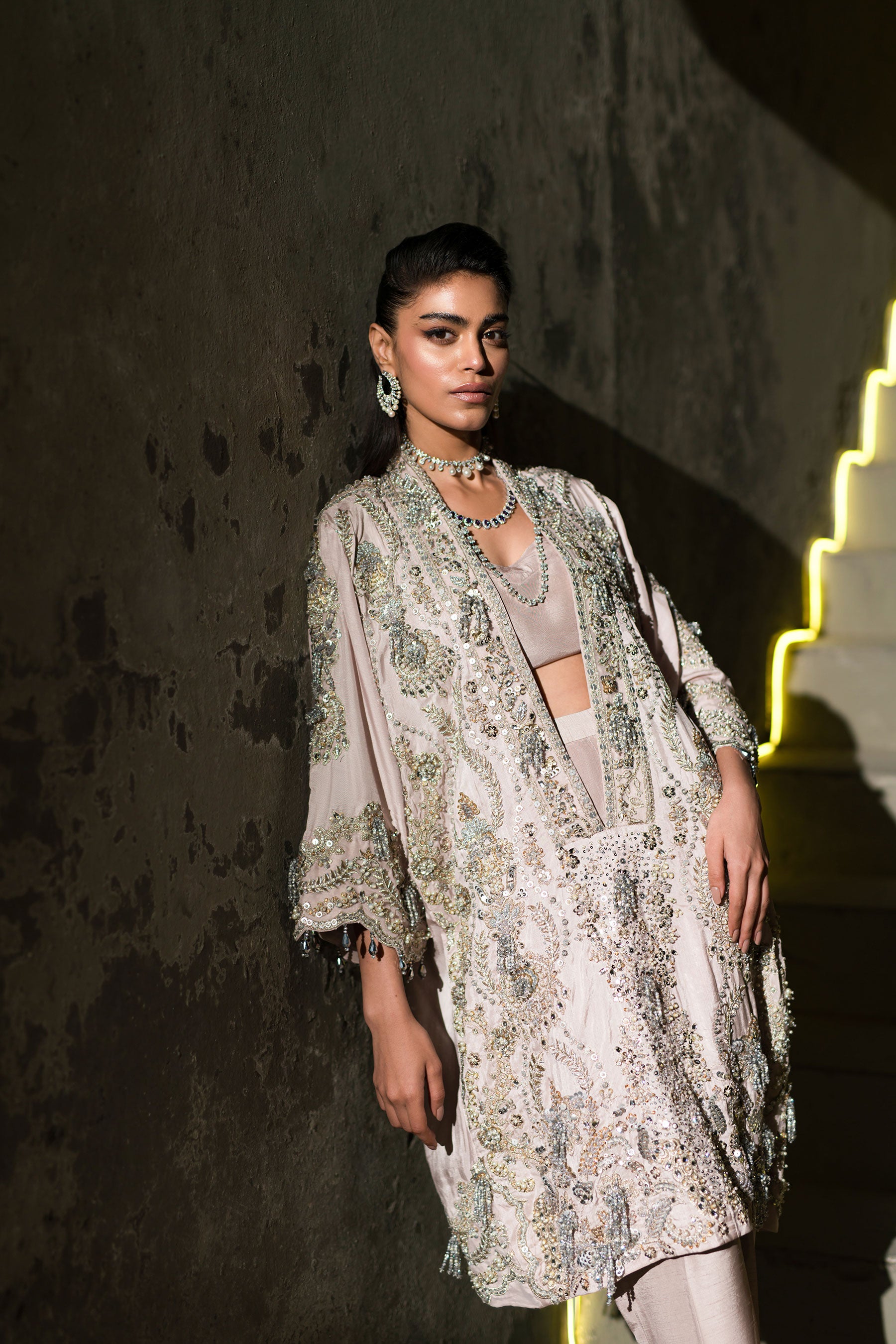 Dusky Lavender Embroidered Blended Raw Silk Tunic (3-Piece) - Image 1