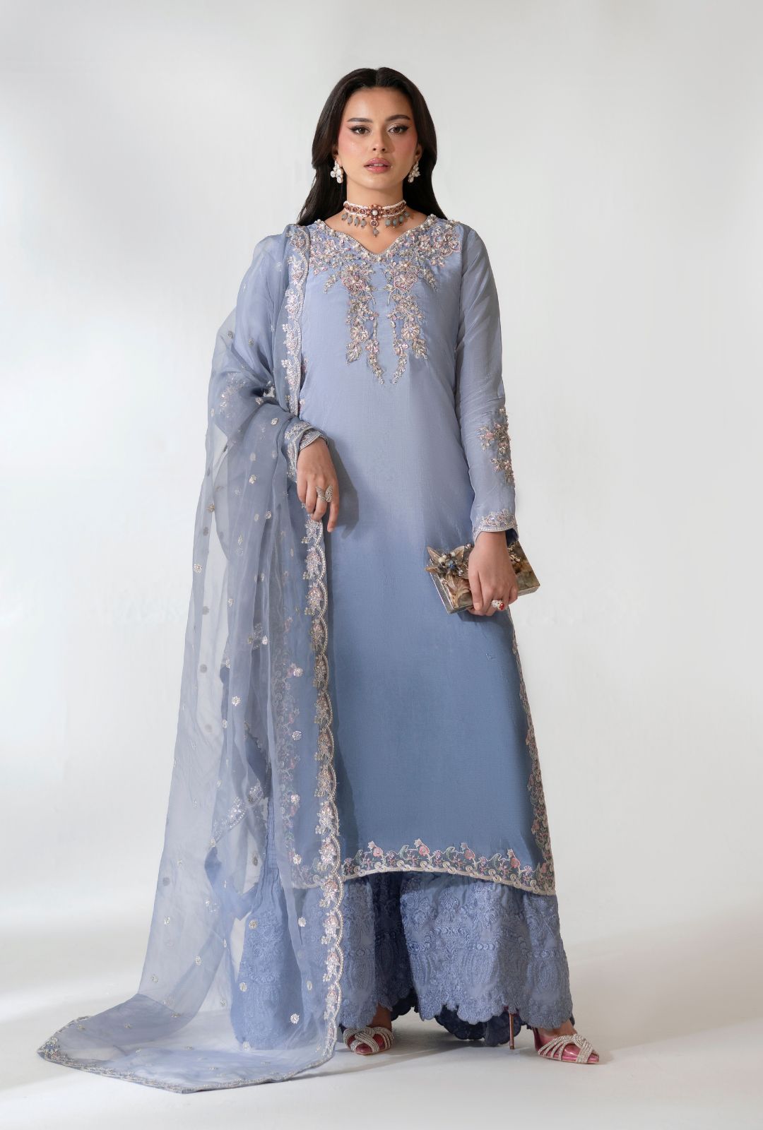 Pakistani Dusty Lavender Embroidered Chiffon Formal Set (3-Piece) - Image 1